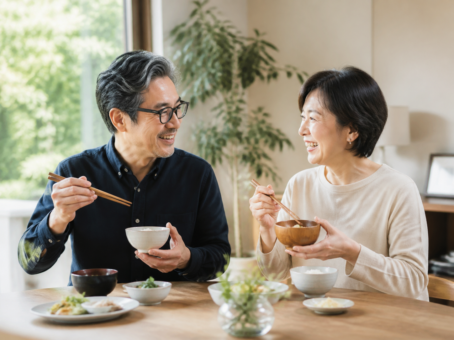 食卓を囲み日々の食事を楽しむ男女