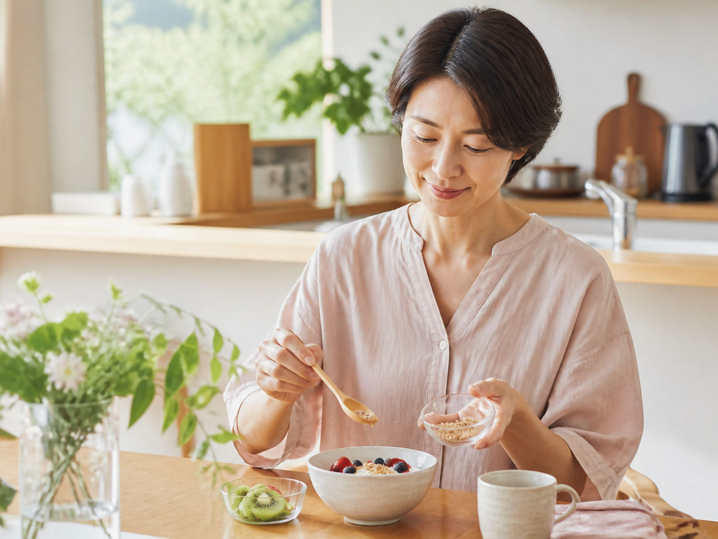 忙しい朝に食事へ栄養を加える女性